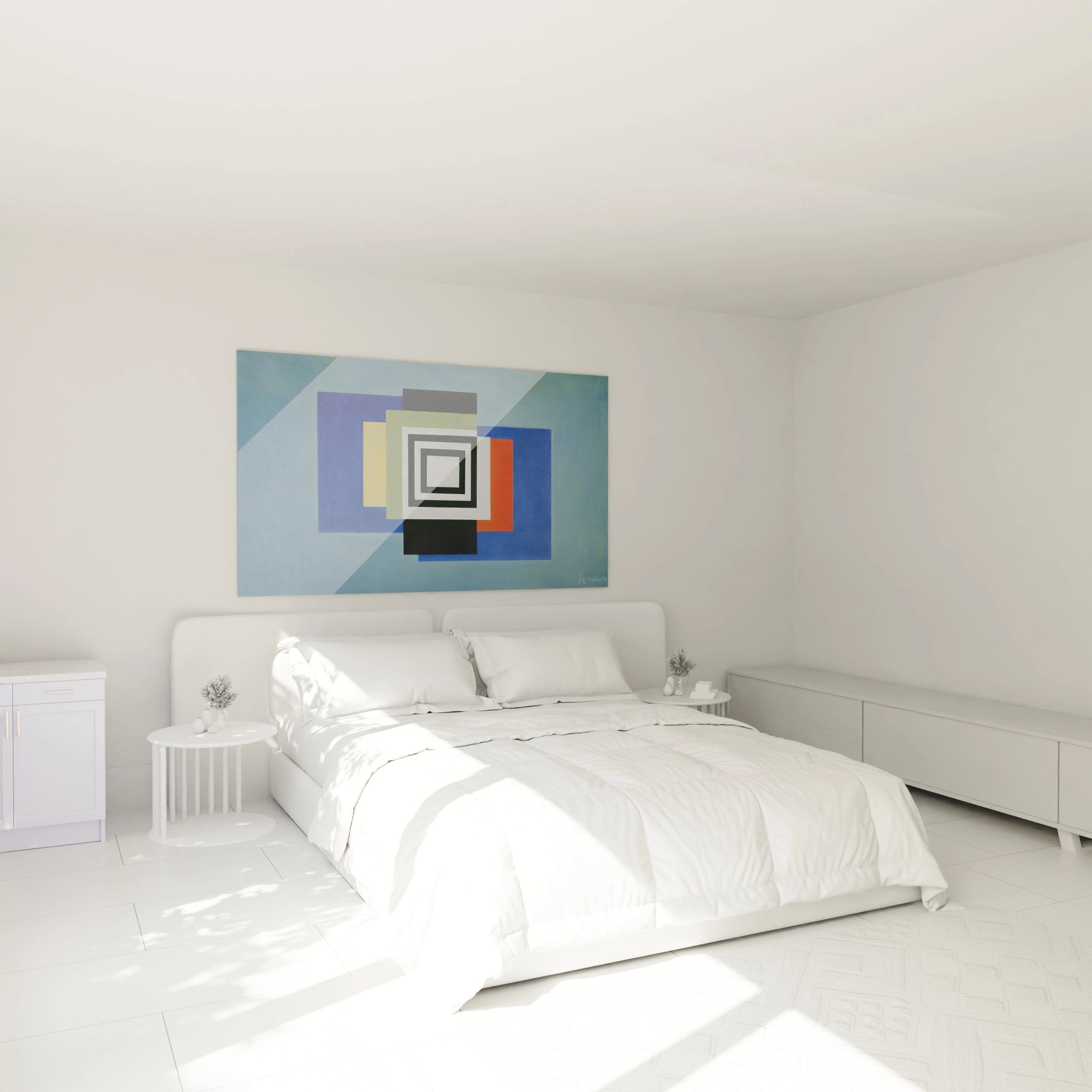 Walensky tableau murale géométrique constructivisme accroché au dessus d un lit double blanc minimaliste