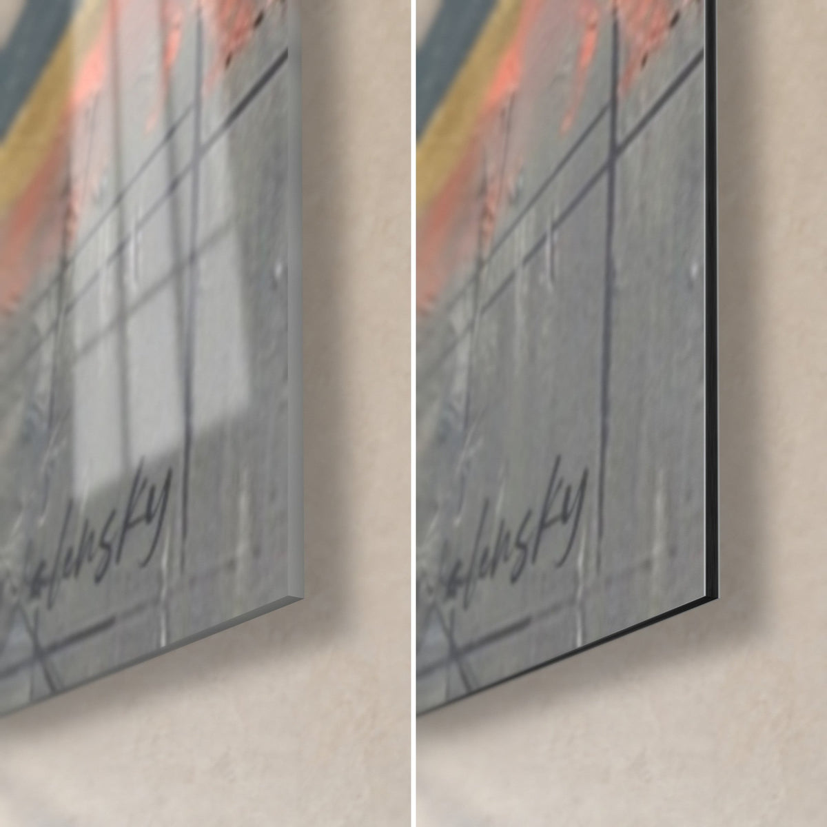Quadro con cerchi geometrici grigi e corallo, angolo in basso a destra: vetro acrilico lucido a sinistra, Dibond nero opaco a destra, firma Walensky
