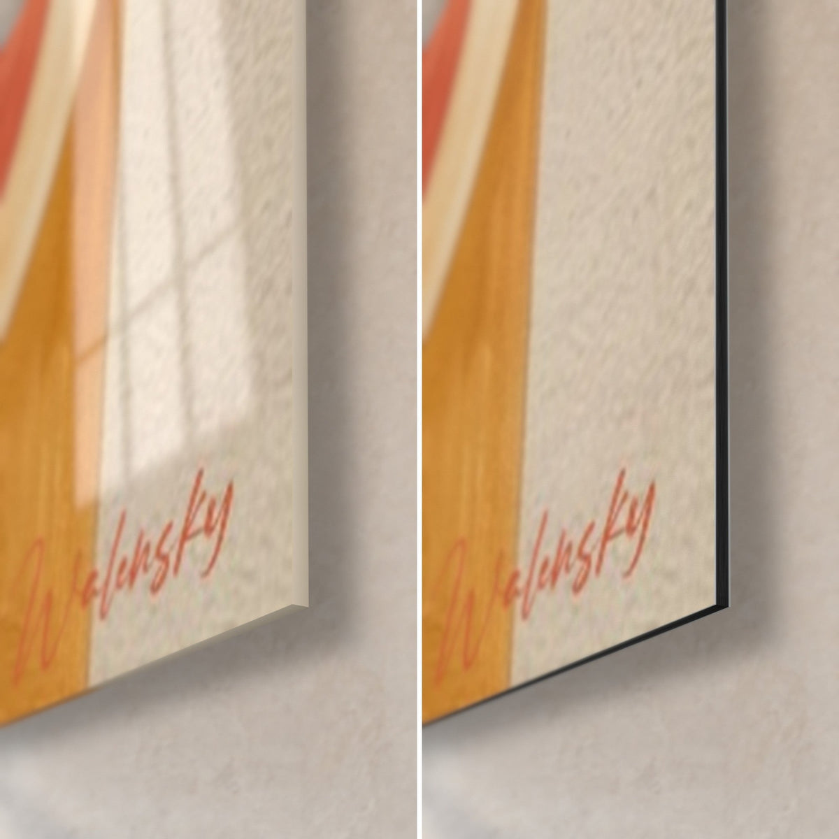 Wall art with ochre and terracotta geometric rosettes, bottom right corner in glossy glass and matte Dibond aluminium, 3 mm black edge
