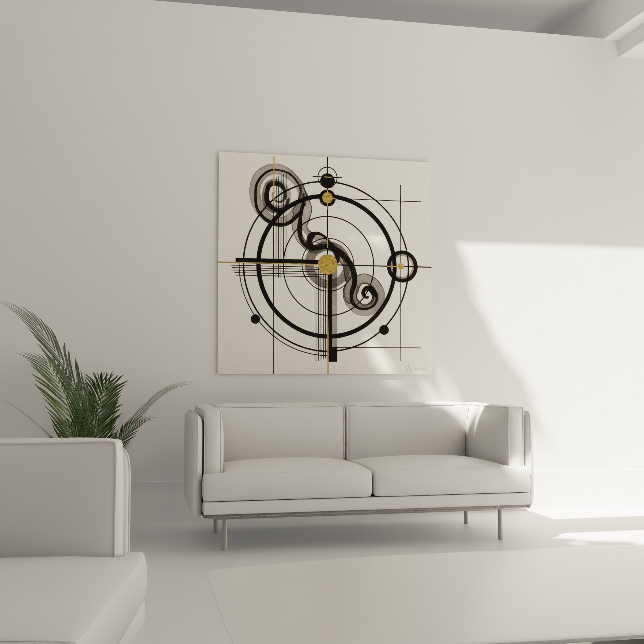Composition circulaire anthracite et or accrochée au-dessus d'un canapé dans un salon lumineux