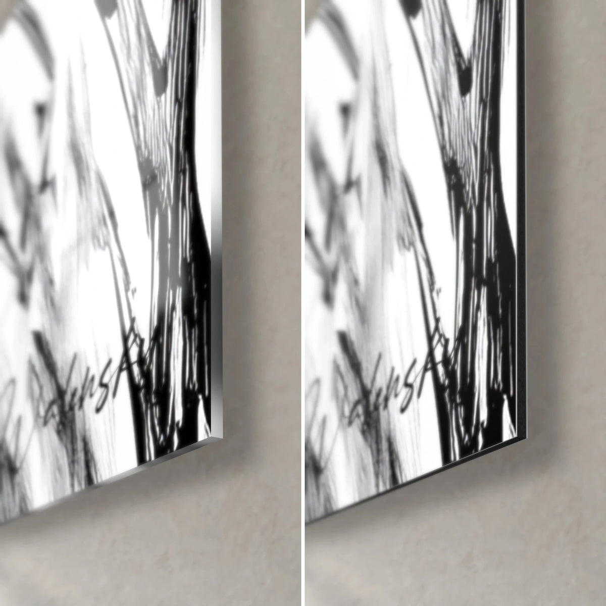 Wall art of black flowers and wispy grasses, bottom right corner: glossy acrylic glass on the left, matte Dibond aluminum on the right, 3 mm edge
