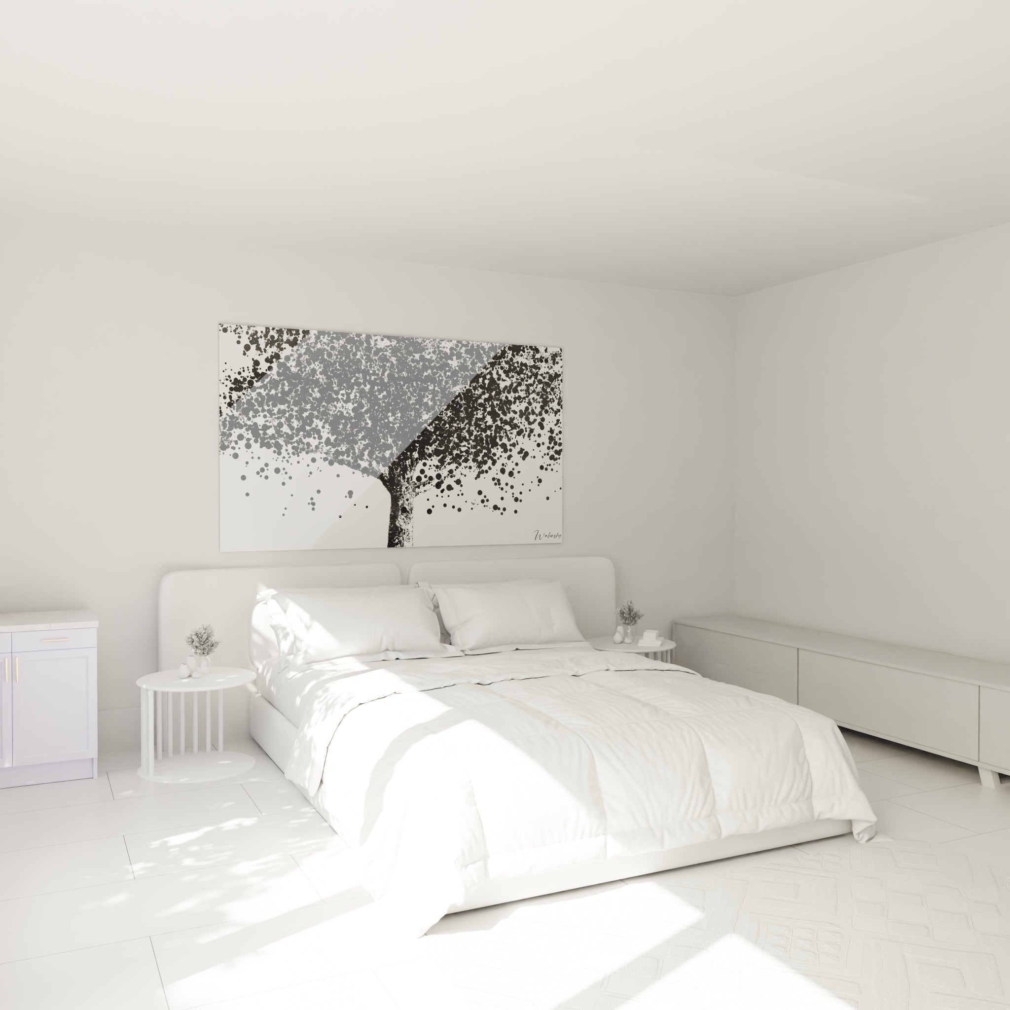 Tableau tacheté noir et blanc de Walensky représentant un arbre dans une chambre moderne élégante