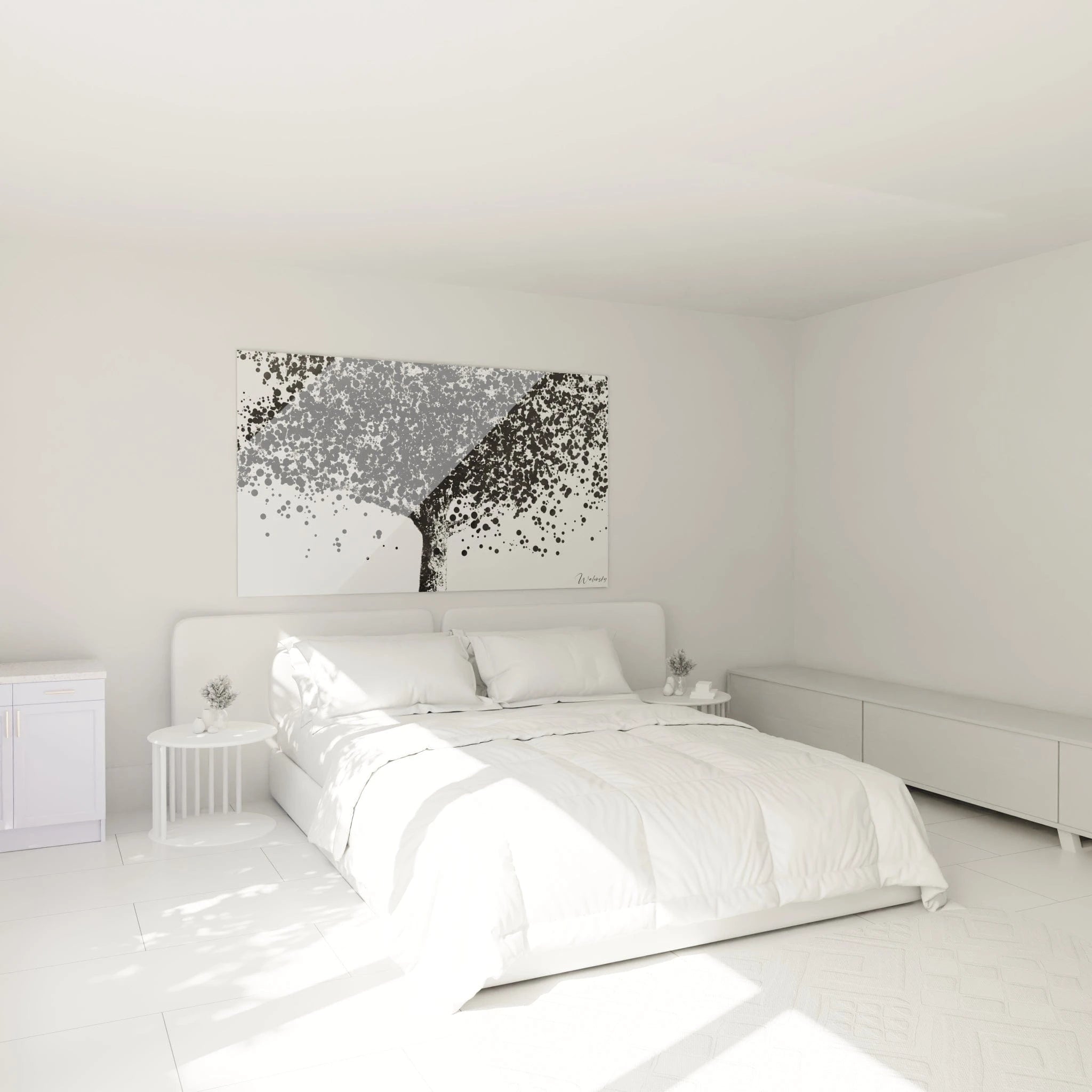 Tableau tacheté noir et blanc de Walensky représentant un arbre dans une chambre moderne élégante