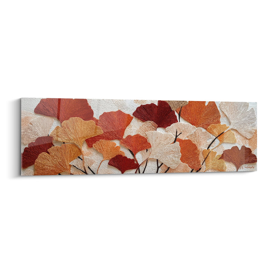 Tableau feuilles de ginkgo automnales aux tons ocre rouge et doré - Symphonie d'Automne - Edition Ginkgo