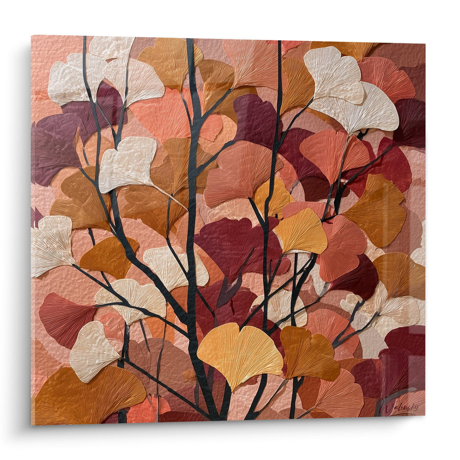 Tableau feuilles de ginkgo automnales aux tons corail bordeaux et ocre sur branches noires - Symphonie d'Automne - Edition Ginkgo
