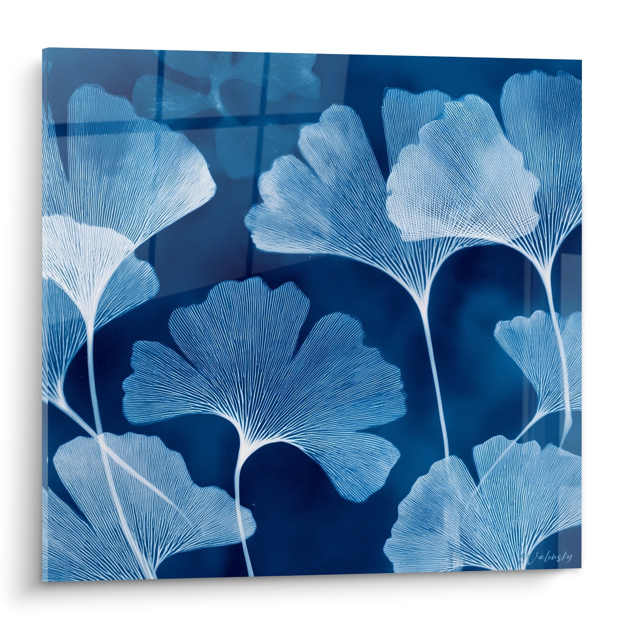 Ginkgo-Blätter Gemälde blaugrün marineblau technische Cyanotypie botanischer Abdruck zeitgenössische Kunst
