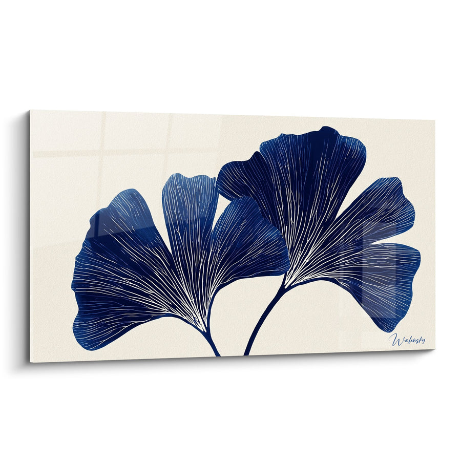 Tableau Deux Feuilles de Ginkgo Bleu Indigo sur Fond Crème - Art Végétal Minimaliste - Edition Ginkgo