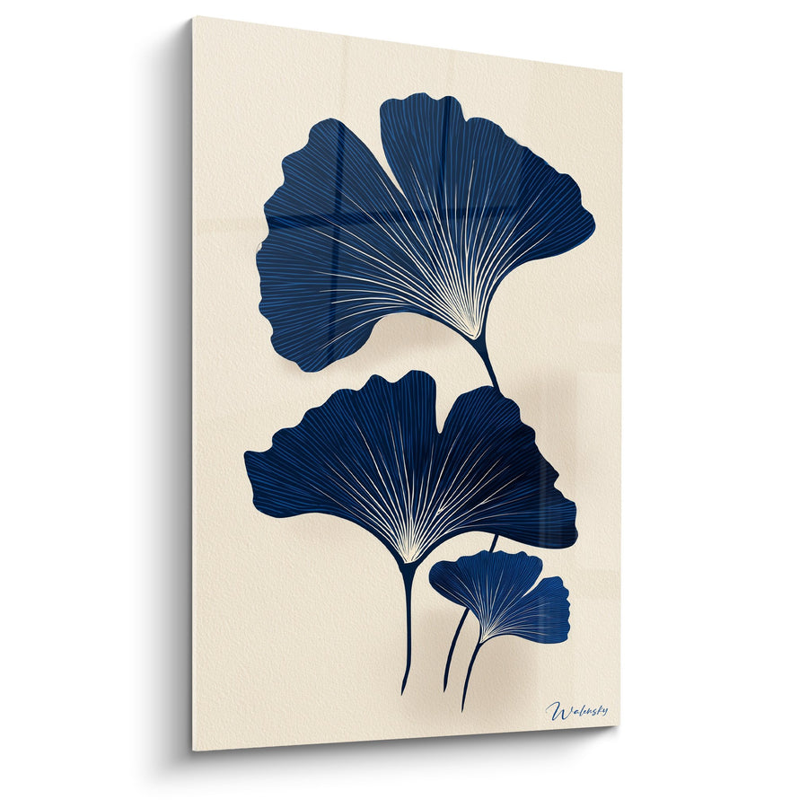 Tableau feuilles de ginkgo bleu marine sur fond beige - Élégance botanique - Edition Ginkgo