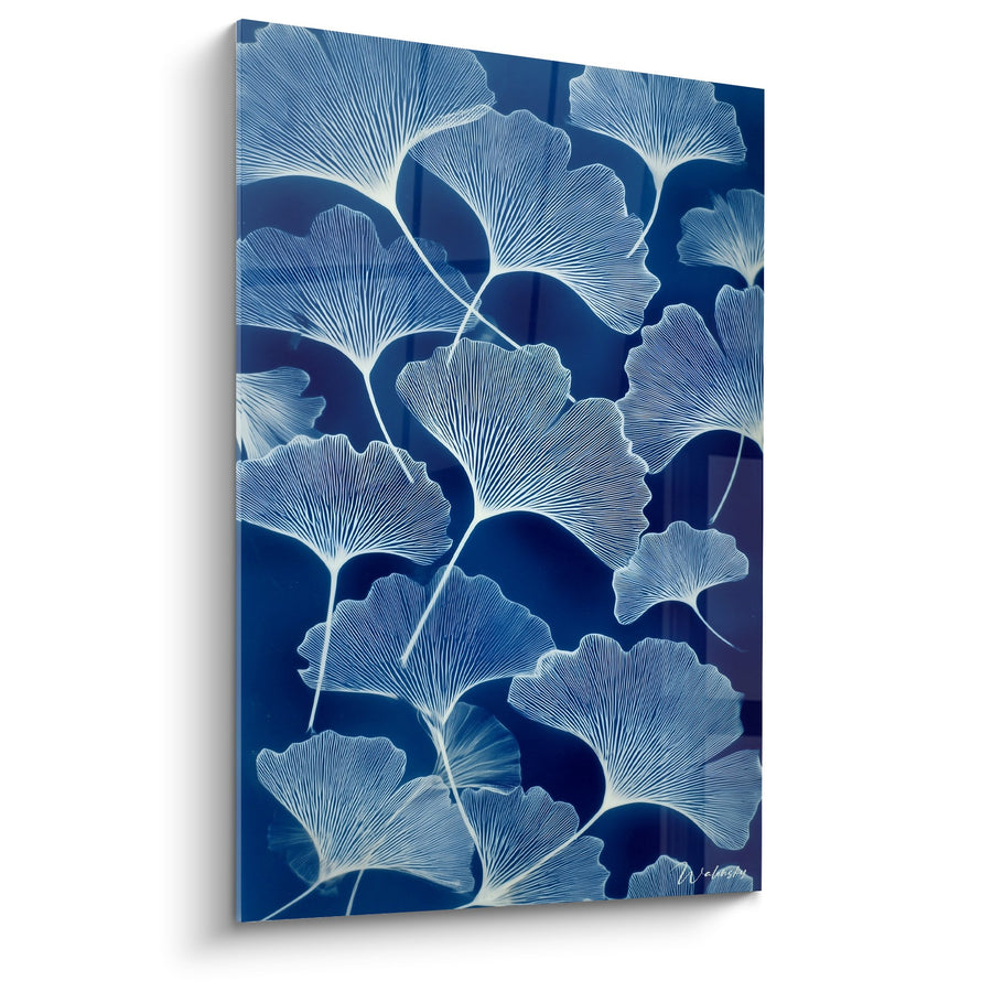 Tableau Feuilles de Ginkgo Bleu Marine et Blanc - Élégance Botanique - Edition Ginkgo