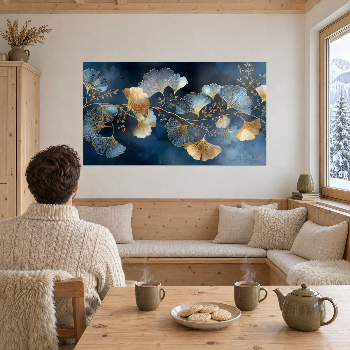 Quadro di un ramoscello dorato di ginkgo con foglie blu petrolio e ocra su sfondo di nuvole blu notte, con una coppia di spalle nel soggiorno