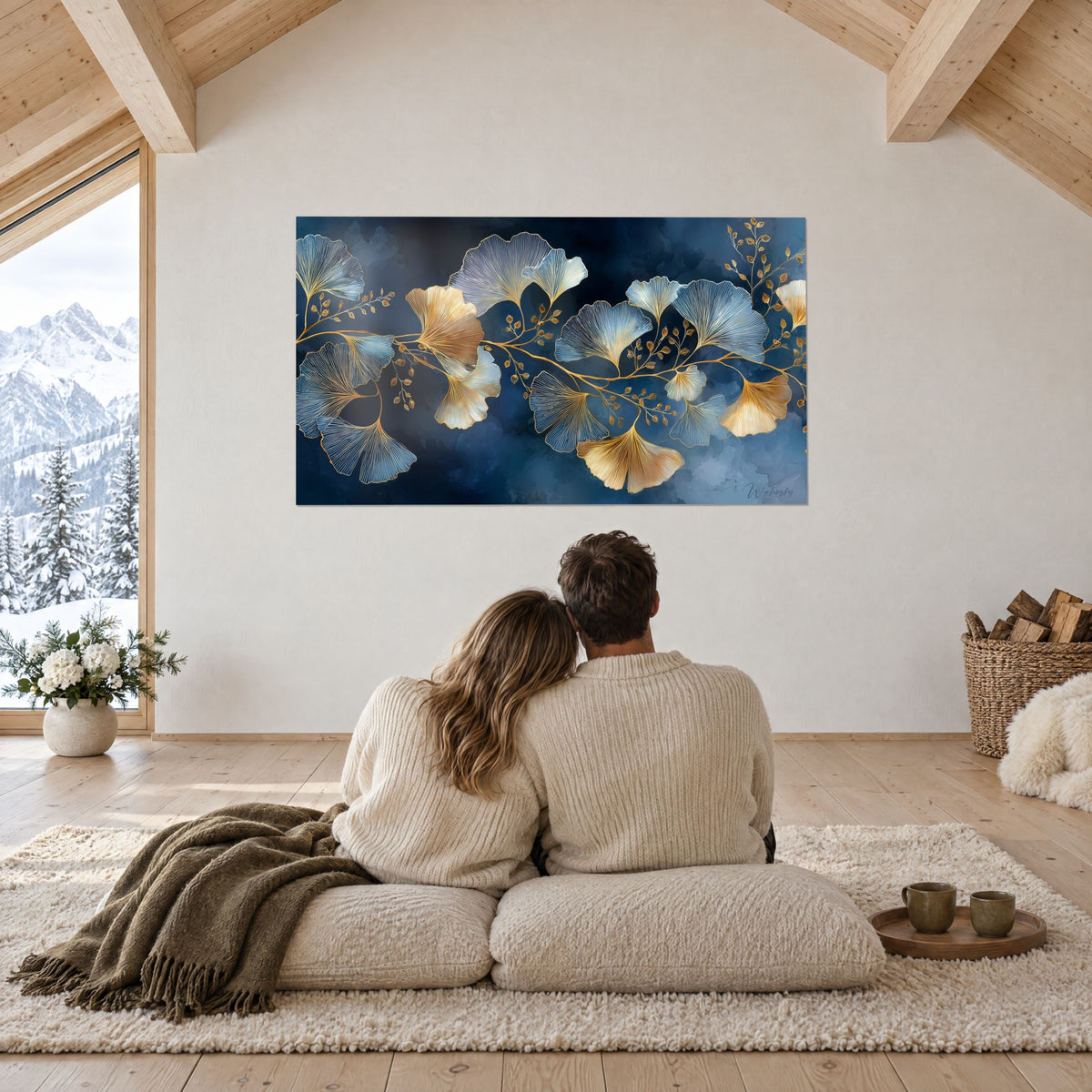 Quadro di ginkgo biloba elegante, foglie ocra dorate e blu reale su sfondo nuvoloso, ammirato da una coppia di spalle in un chalet