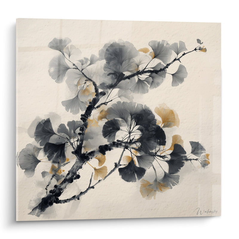 Quadro rami con foglie grigie e dorate su fondo beige - Serenità giapponese - Edizione Ginkgo