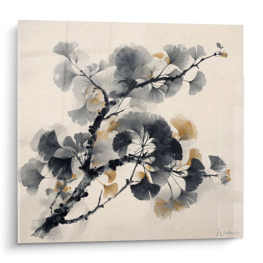 Tableau branches aux feuilles grises et dorées sur fond beige - Sérénité japonaise - Edition Ginkgo