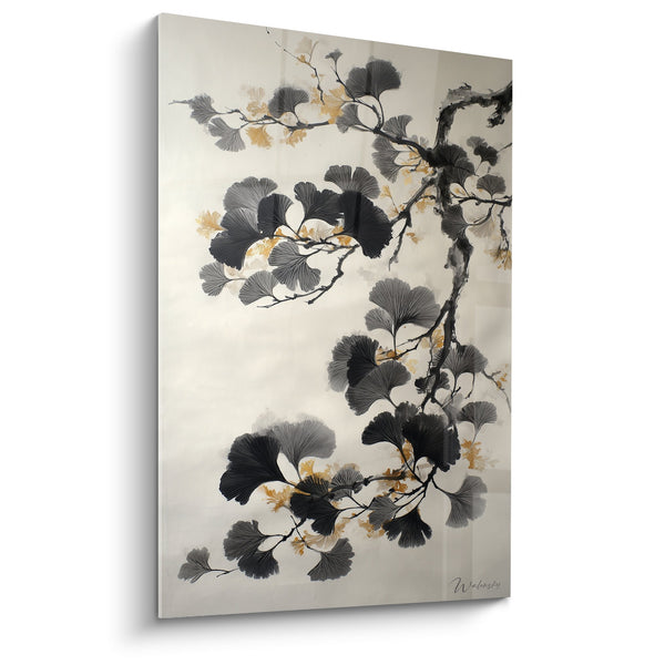 Zwart en goudkleurig ginkgotakken schilderij op een beige achtergrond - Japanse elegantie - Ginkgo Editie