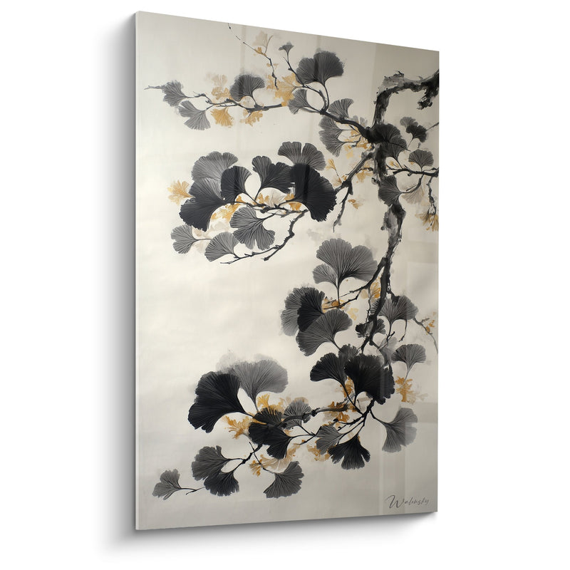 Tableau branches de ginkgo noir et doré sur fond beige - Élégance japonisante - Edition Ginkgo