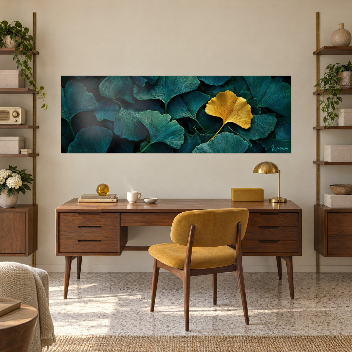Πίνακας με βεντάλιες ginkgo λεπτών νεύρων, αποχρώσεις πετρόλ και χρυσού, απέναντι από ξύλινο γραφείο και μουσταρδί καρέκλα
