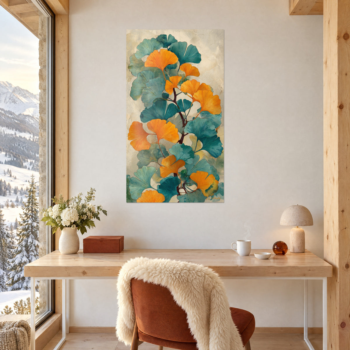 Schilderij met een ginkgotak in koperkleurige en blauwgroene tinten, boven een bureau van licht hout bij een besneeuwd raam