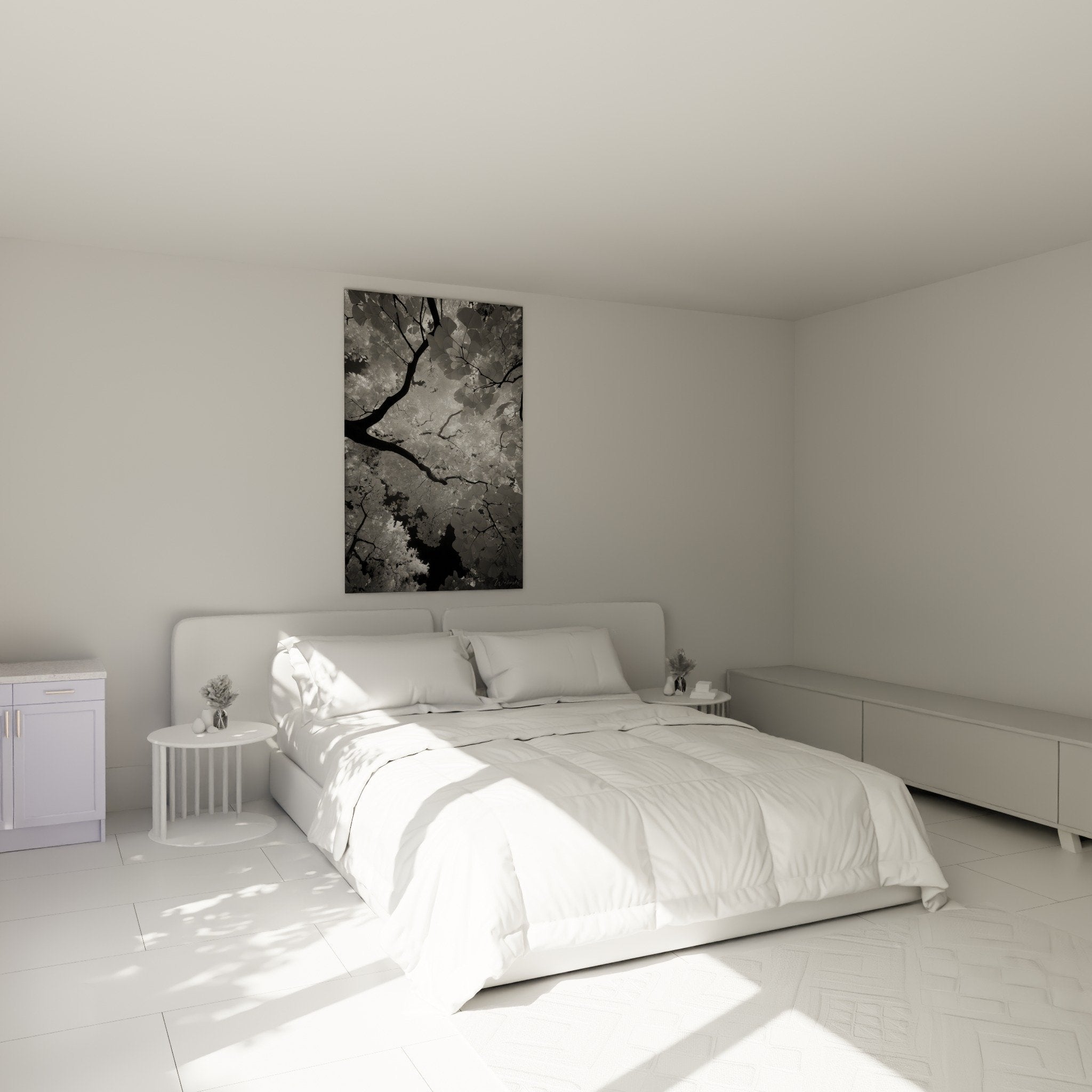 Tableau ginkgo noir blanc accroche mur chambre decoration murale zen naturelle perspective branches