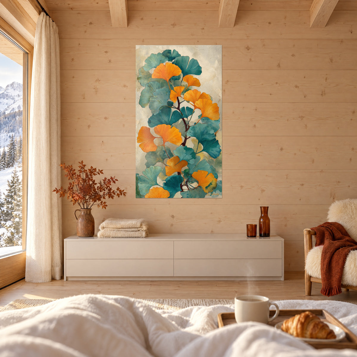 Schilderij met een turquoise en saffraankleurige ginkgotak op een crèmekleurige achtergrond, tegenover een wit bed, boven het bed in een lichte slaapkamer
