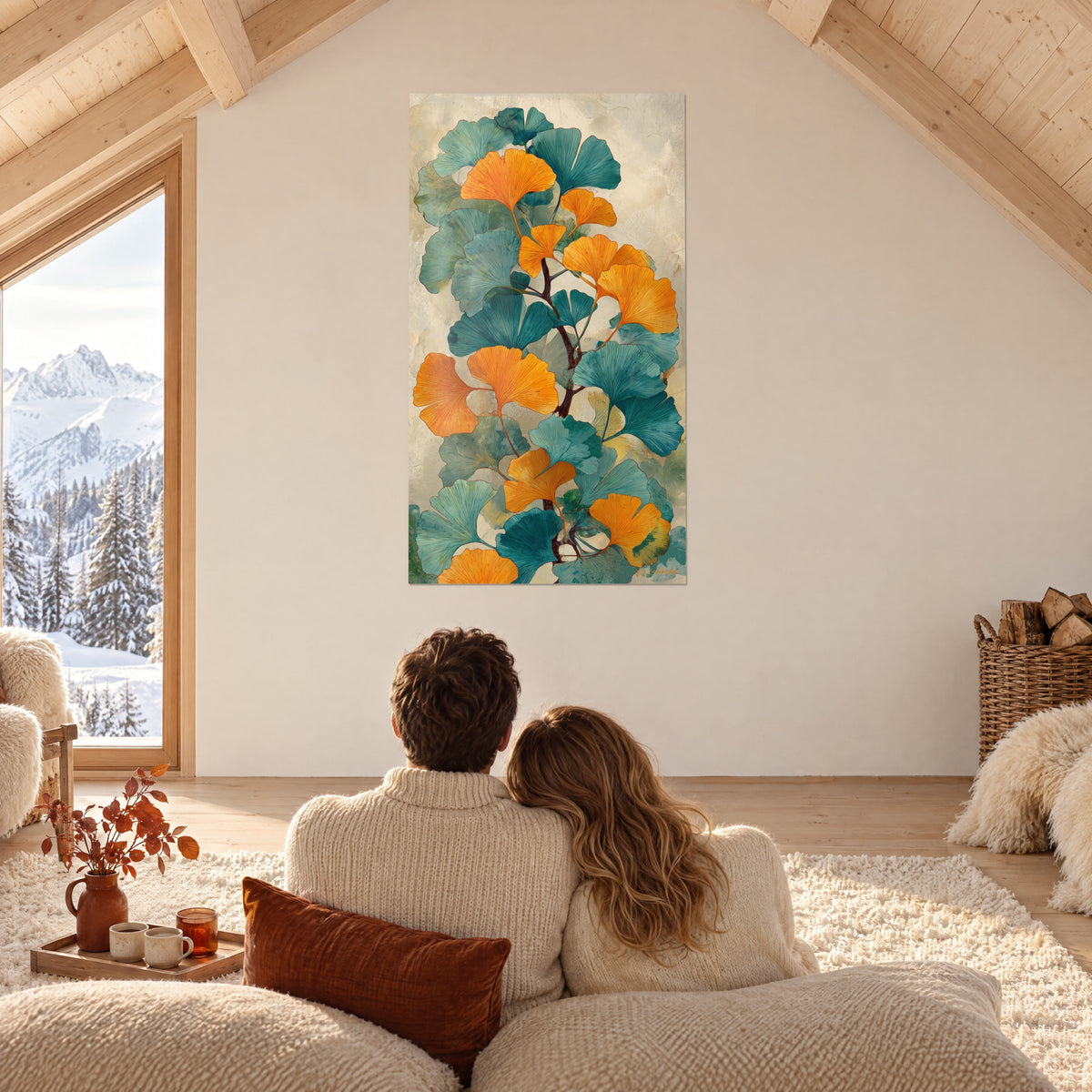 Schilderij met levendige oranje herfstginkgo en diep turquoise op een witte muur, een koppel van achteren op een bank onder de balken van de chalet