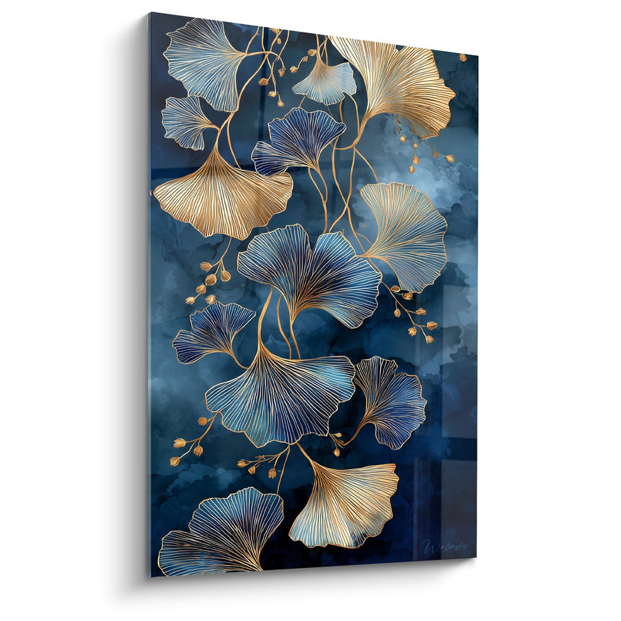 Tableau Feuilles dorées et bleues sur fond aquarelle - Élégance Végétale - Edition Ginkgo