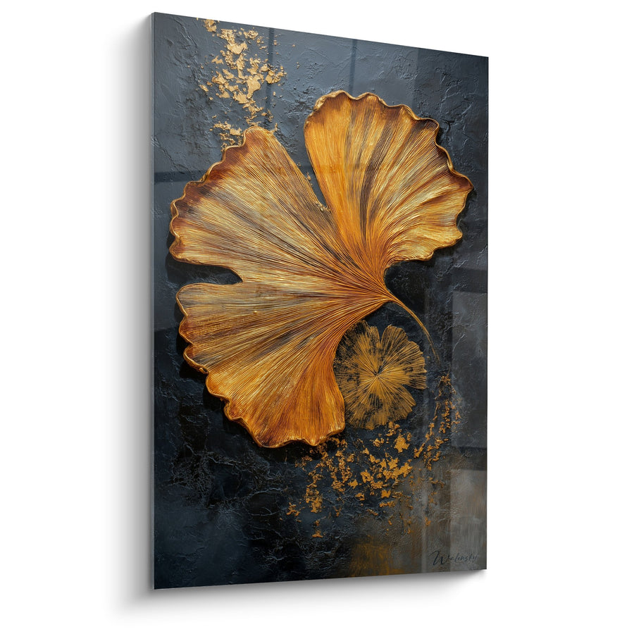 Tableau Feuille de Ginkgo Dorée sur Fond Texturé Bleu Ardoise - Harmonie Végétale - Edition Feng shui Centre Terre