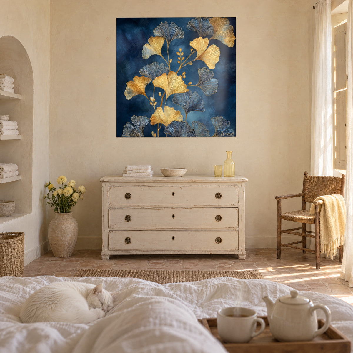 Quadro di rami di ginkgo in oro e blu marino, nervature incise, con un gatto bianco addormentato, sopra un letto in una camera luminosa