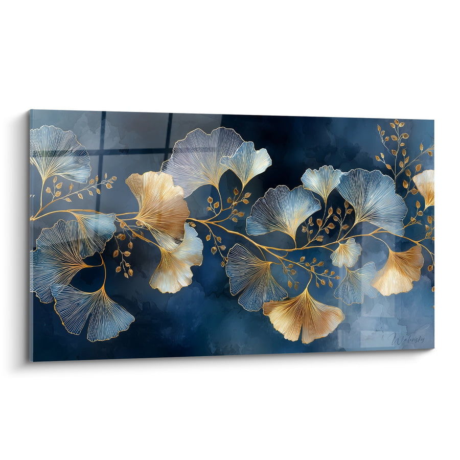 Tableau Feuilles de Ginkgo Dorées et Bleues sur Fond Nuageux - Élégance Végétale - Edition Ginkgo