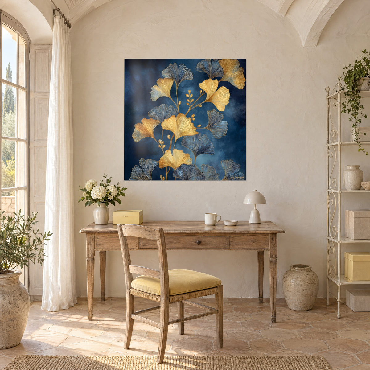 Quadro di foglie di ginkgo biloba dorate e blu denim, appeso sopra una scrivania in legno chiaro in un mas provenzale