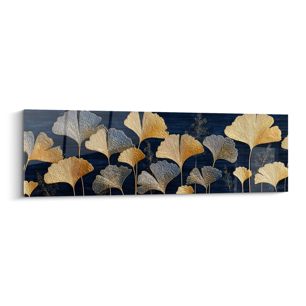 Cuadro hojas de ginkgo doradas y azules sobre fondo azul marino - Foliage precioso - Edición Ginkgo