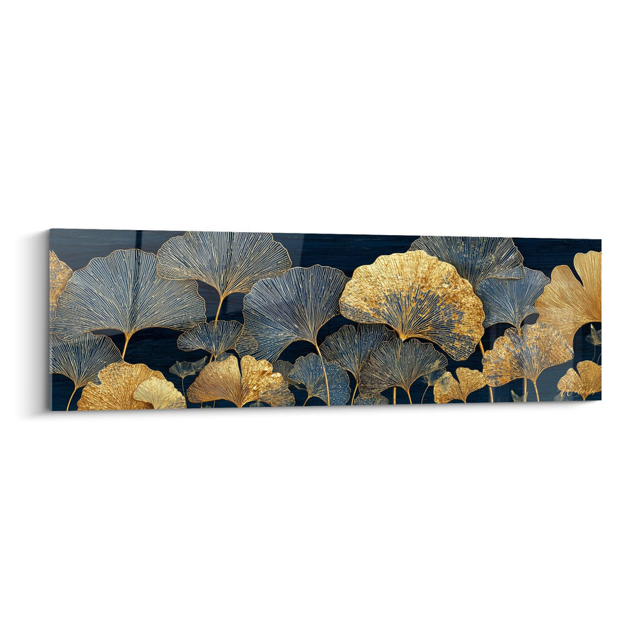 Tableau feuilles dorées et bleues sur fond marine - Harmonie Végétale - Edition Ginkgo