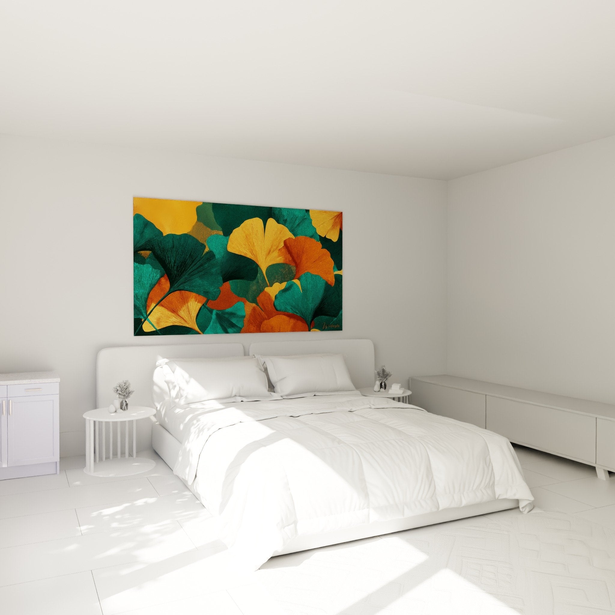 Tableau ginkgo doré vert chambre décoration murale moderne art botanique contemporain