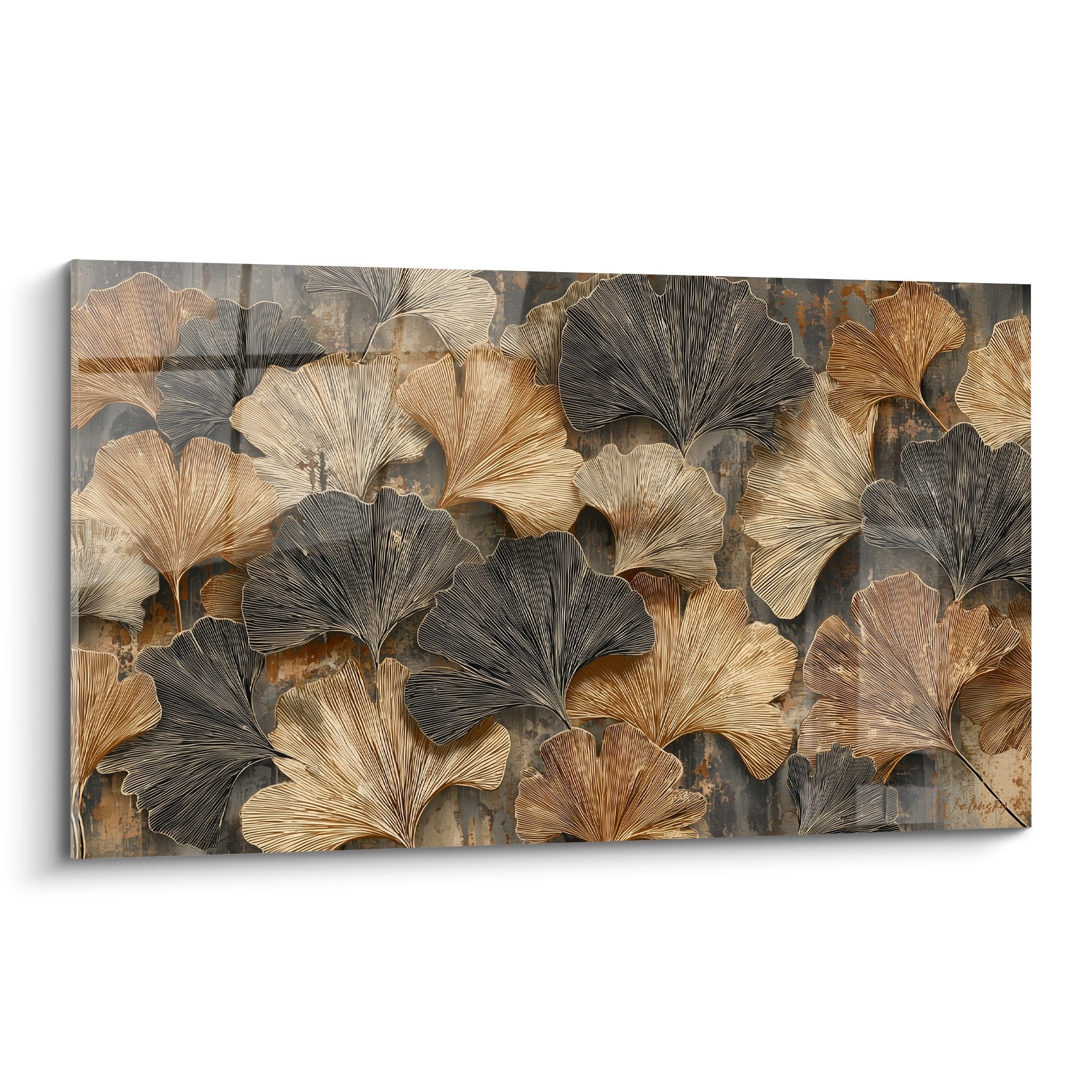 Modernes Gemälde goldene und graue Ginkgo-Blätter auf strukturiertem beige Hintergrund zeitgenössische Pflanzenkunst