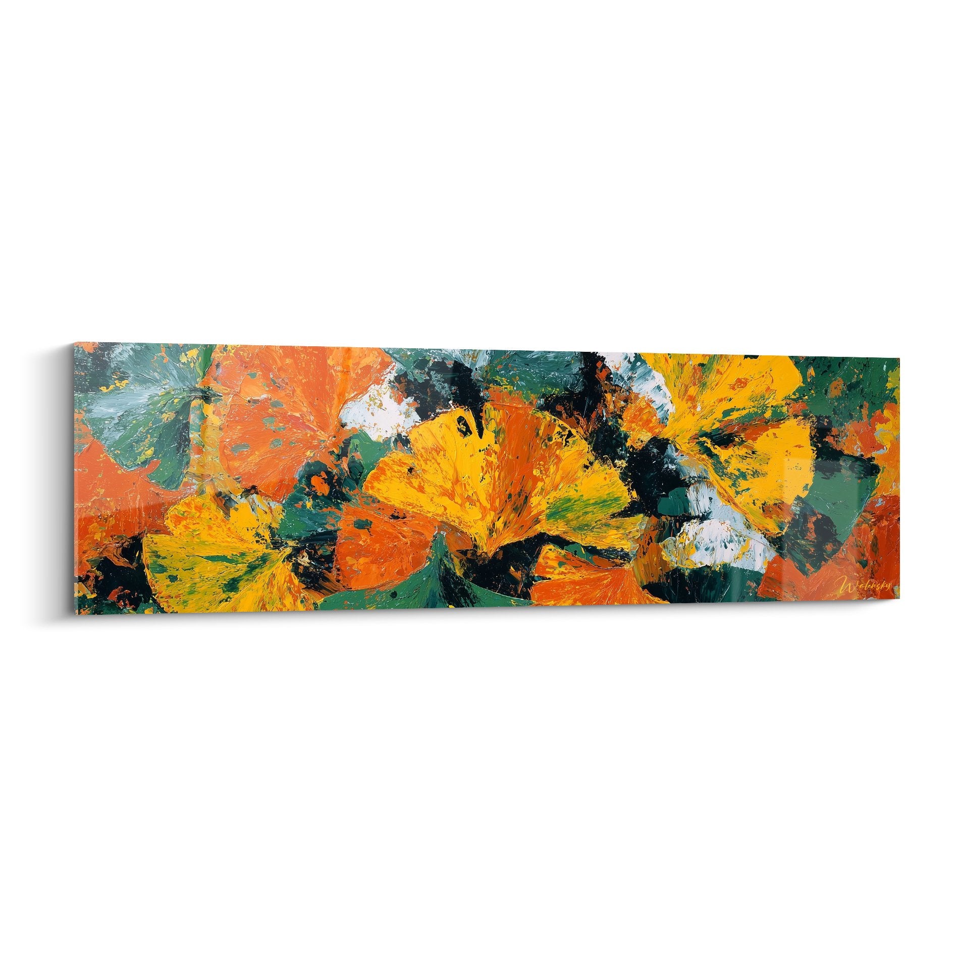 Tableau abstrait feuilles ginkgo dorees orange sur fond sombre style expressionniste automnal