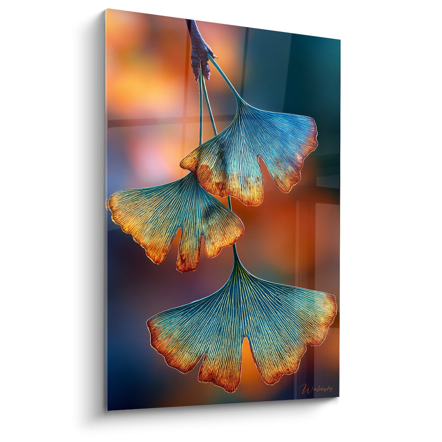 Tableau Feuilles de Ginkgo Dorées et Bleues sur Fond Lumineux - Harmonie Automnale - Edition Ginkgo