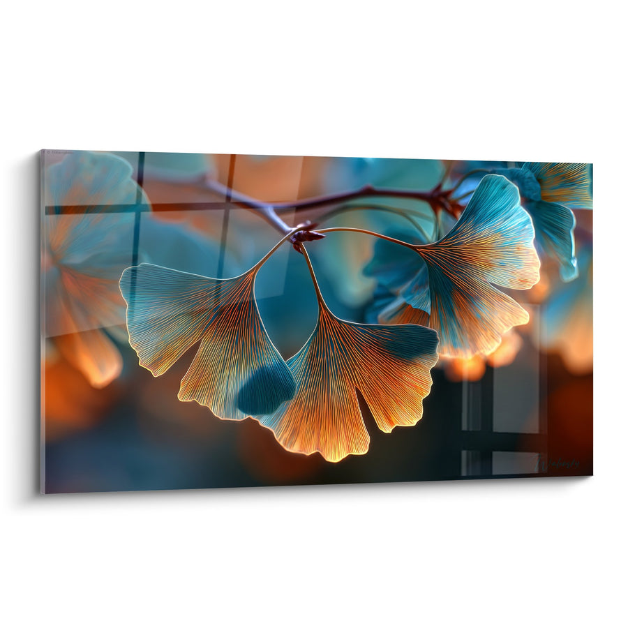 Tableau Feuilles Ginkgo Dorées et Turquoise Translucides - Lumière Naturelle - Edition Ginkgo