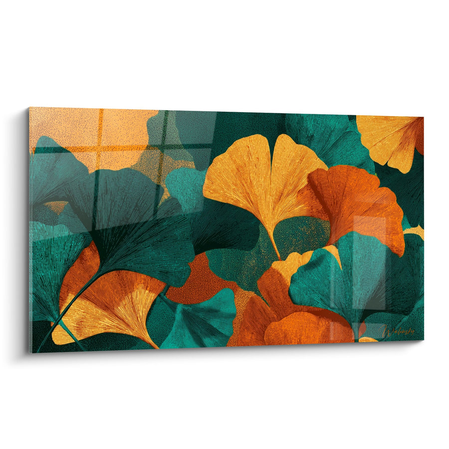 Tableau feuilles de ginkgo dorées et vertes en composition artistique - Symphonie automnale - Edition Ginkgo