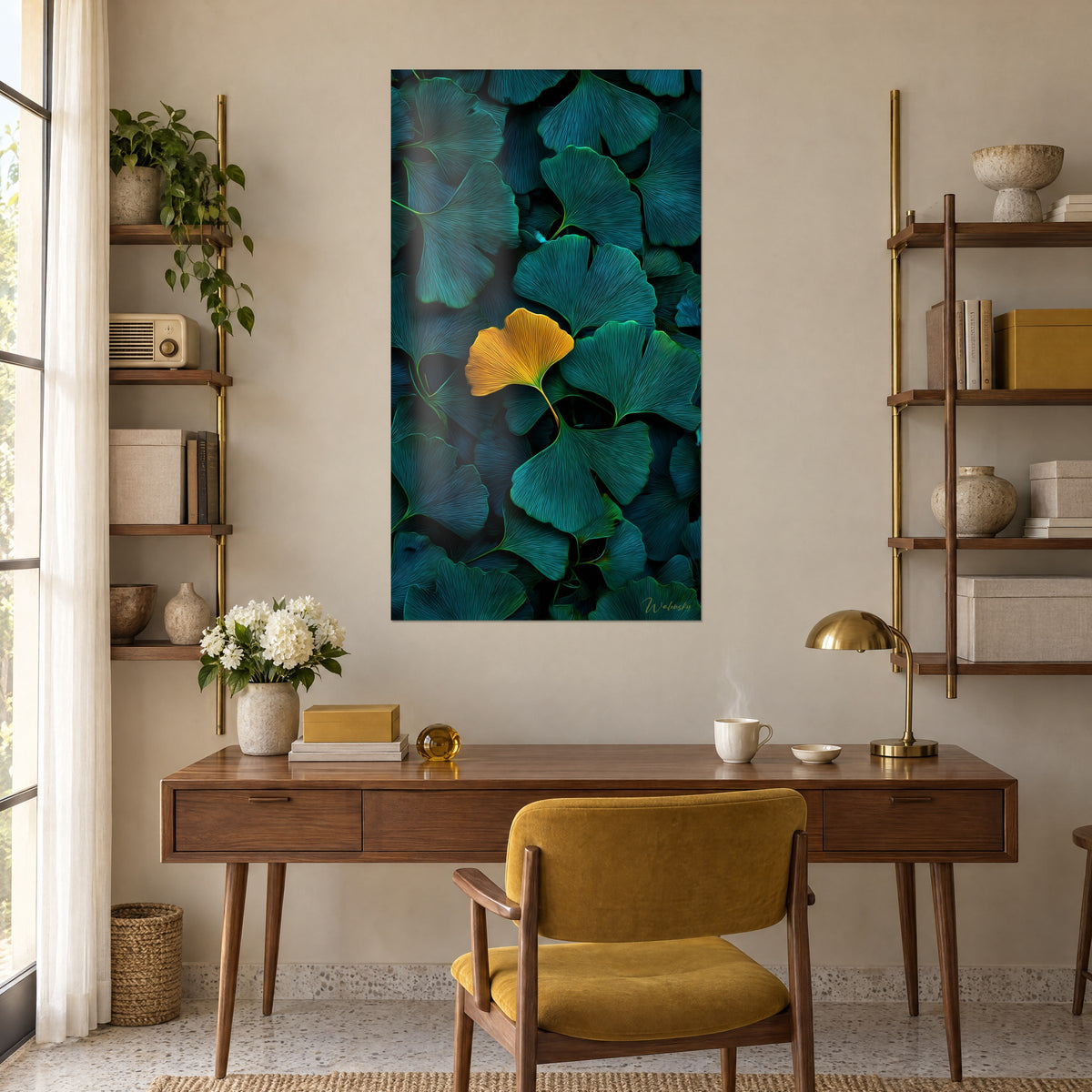 Quadro ginkgo ambrato posato su una tonalità di foglie verde profondo e blu petrolio, sopra una scrivania in legno e una sedia senape