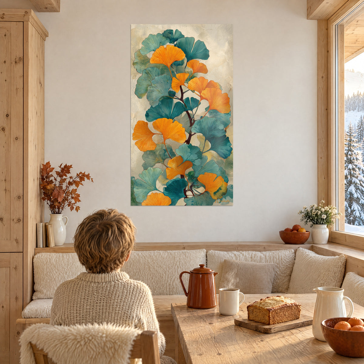 Schilderij met geaderd oranje en eendenblauw ginkgobladerwerk op een witte muur, een kind van achteren aan tafel in een houten chalet