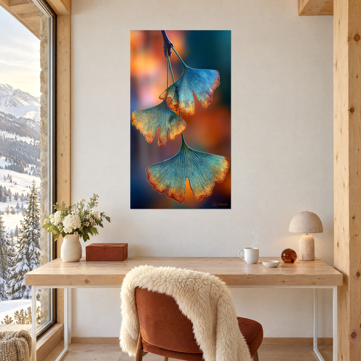 Quadro lame di ginkgo iridescenti blu e ambra su sfondo arancio sfocato, scrivania in legno chiaro vicino a una finestra
