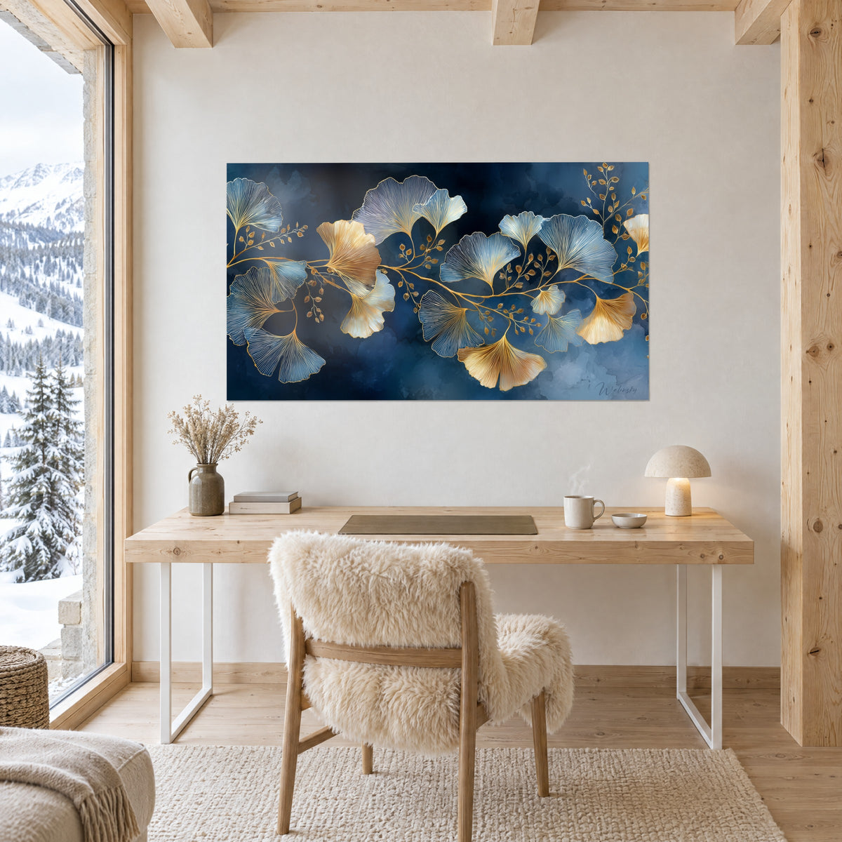 Quadro di fogliame di ginkgo ad acquerello, foglie a ventaglio blu ardesia e dorate finemente nervate, di fronte a una scrivania di legno chiaro