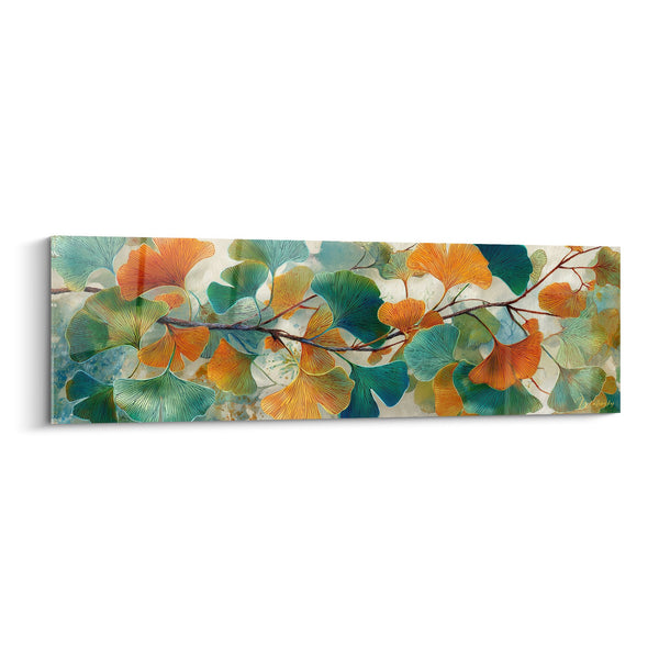 Cuadro de follaje decorativo en tonos dorados y turquesa sobre ramas - Sinfonía otoñal - Edición Ginkgo