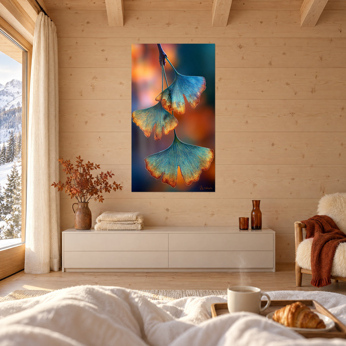 Quadro trio di foglie di ginkgo blu-verde con frange dorate, sopra un letto in una camera luminosa