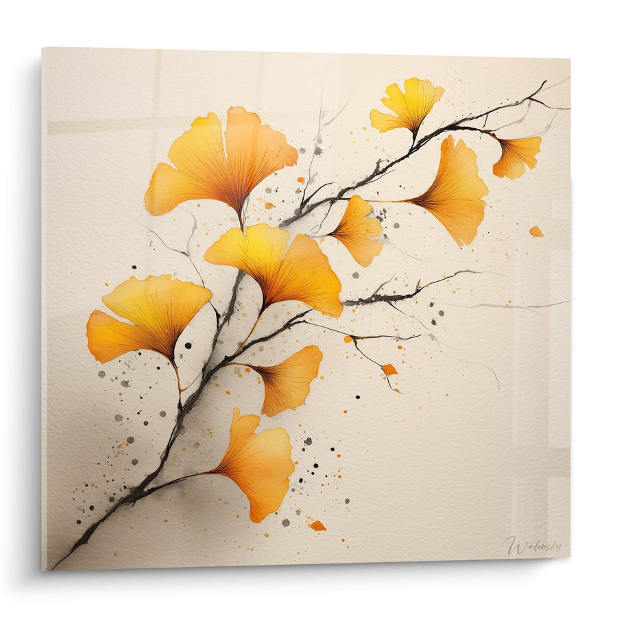 Tableau Feuilles de Ginkgo Dorées sur Branches Délicates - Harmonie Automnale - Edition Ginkgo