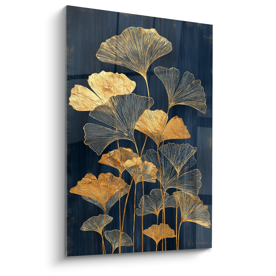 Tableau Feuilles dorées et bronzées sur fond bleu marine - Élégance botanique - Edition Ginkgo