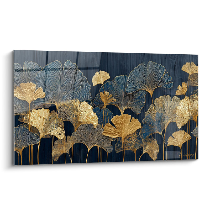 Quadro Foglie di Ginkgo Dorate e Blu su Fondo Marino - Giardino Prezioso - Edizione Ginkgo