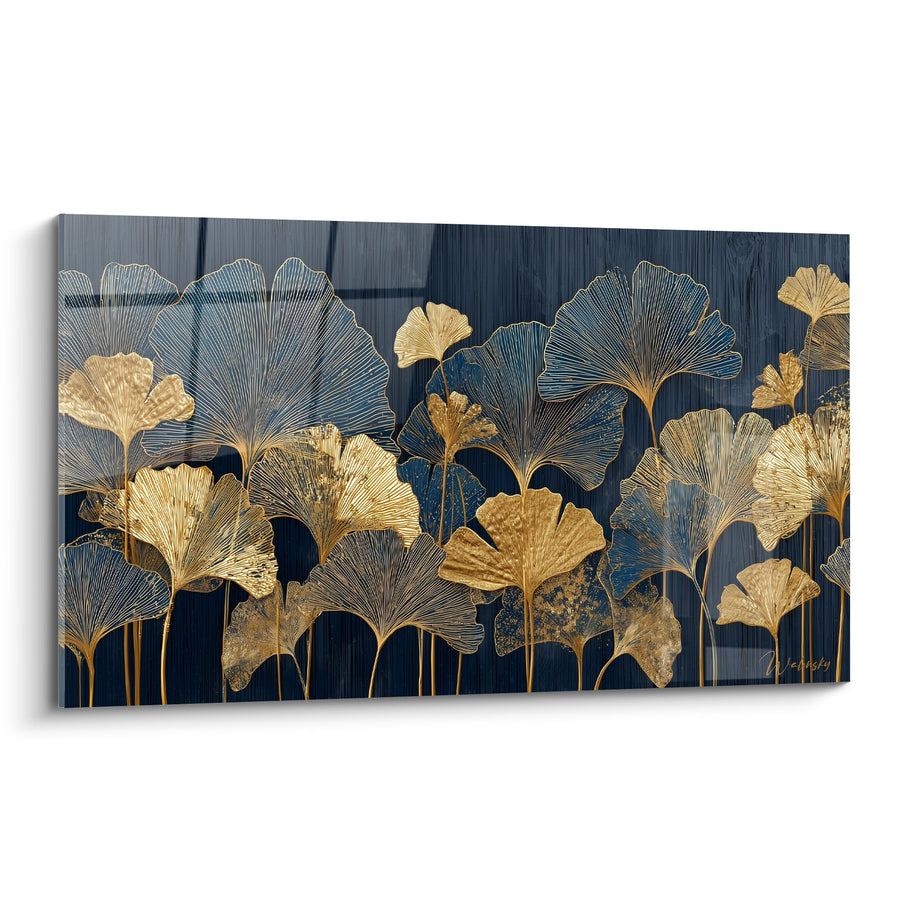 Tableau Feuilles de Ginkgo Dorées et Bleues sur Fond Marine - Jardin Précieux - Edition Ginkgo