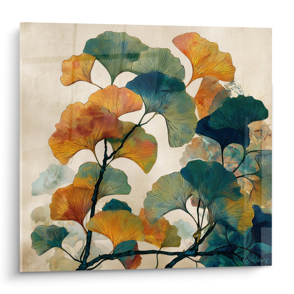 Schilderij ginkgobladen, goud en blauwgroen op zwarte takken - Herfstwaaiers - Ginkgo-editie