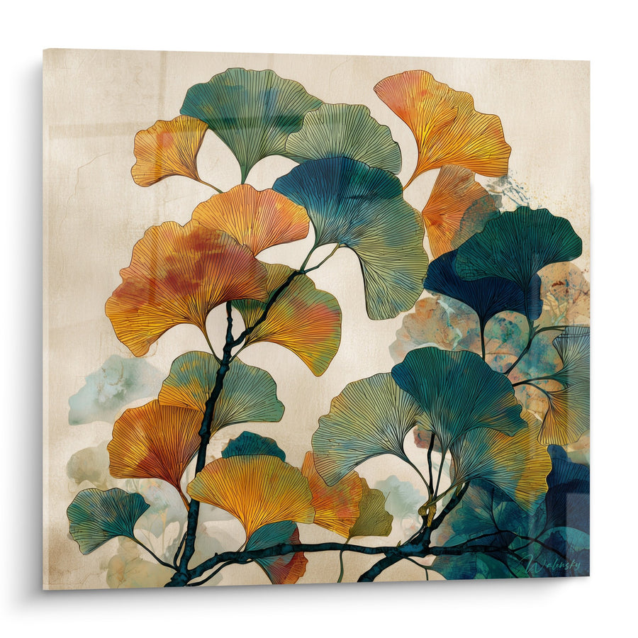 Ginkgo-Blätter Gold und Blaugrün auf schwarzen Ästen - Herbstfächer - Ginkgo Edition