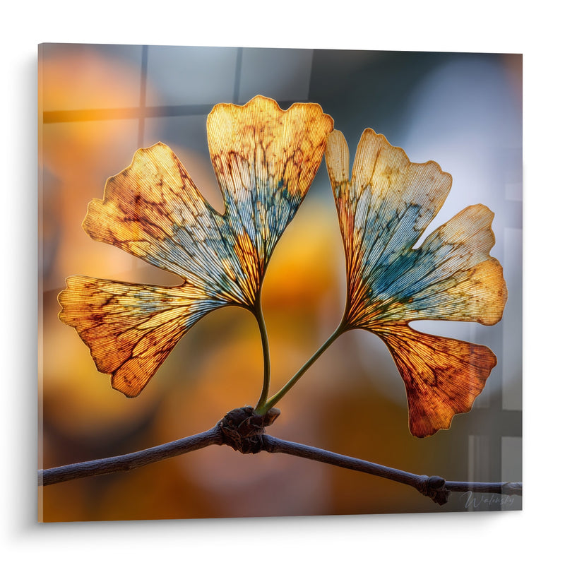 Quadro Foglie di Ginkgo Dorate e Blu su Ramo - Luce Autunnale - Edizione Ginkgo